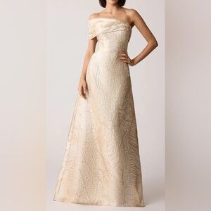 Teri Jon Strapless -  One Shoulder Cuff Jacquard Evening Gown